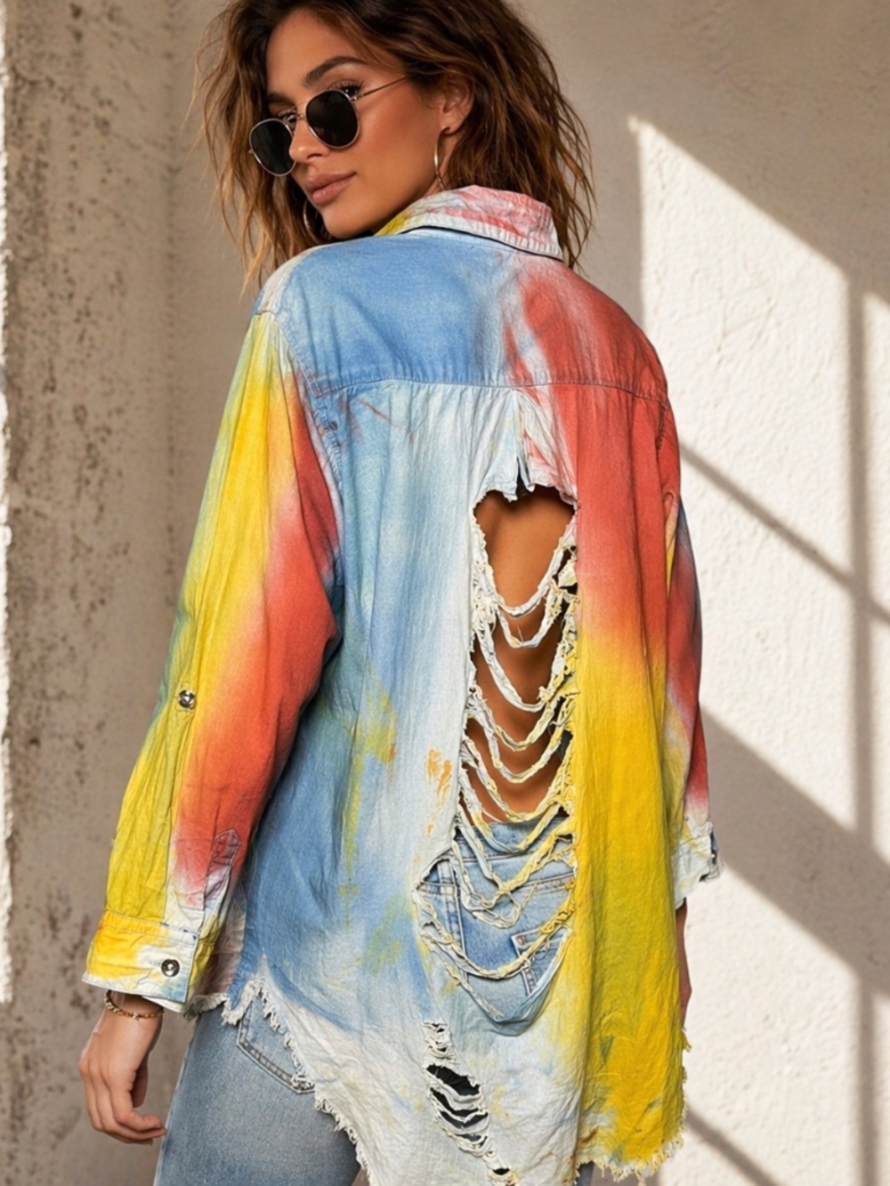 Thrill Jeans Rainbow Tie Dye Distressed Denim Shirt 2X Oversized Grunge Roll Tab